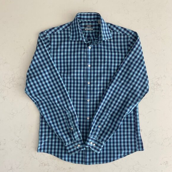 Izod Slim Fit Button Down LS Cotton Poly Blend Check Shirt Blue Sz 15.5 34/35 - Picture 11 of 11